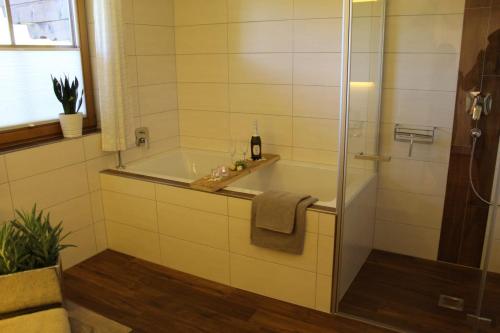 a bathroom with a tub and a glass shower at Appartement Eben im Pongau in Eben im Pongau