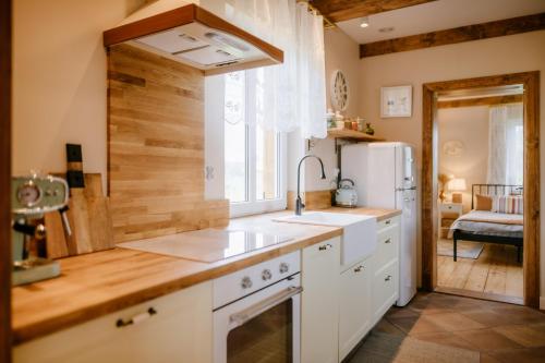 a kitchen with a sink and a refrigerator at Piękne Pole in Łaziska
