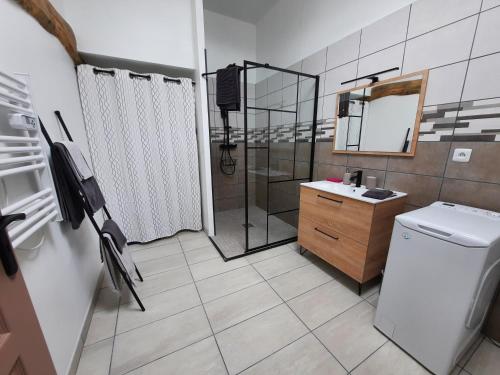 a bathroom with a shower and a toilet and a sink at Les Coccinelles in Adilly