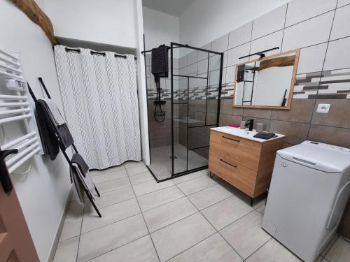 ein Badezimmer mit Dusche, Toilette und Waschbecken in der Unterkunft Les Coccinelles in Adilly