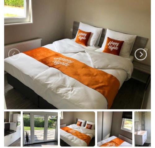 een slaapkamer met een bed met een oranje en witte deken bij Rhederlaagse Meren in Lathum