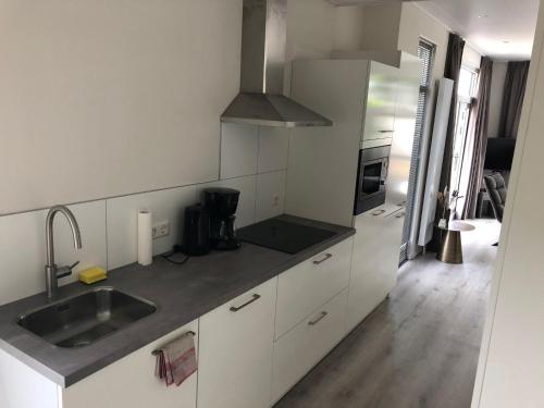 a kitchen with a sink and a counter top at Rhederlaagse Meren in Lathum