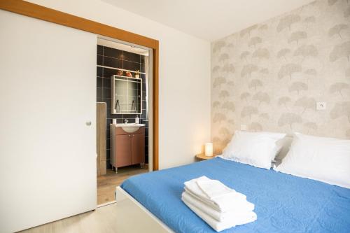 阿热莱斯加佐斯特Appartement cocooning avec vue sur les Pyrénées的卧室里有一张蓝色的床，床上放着毛巾