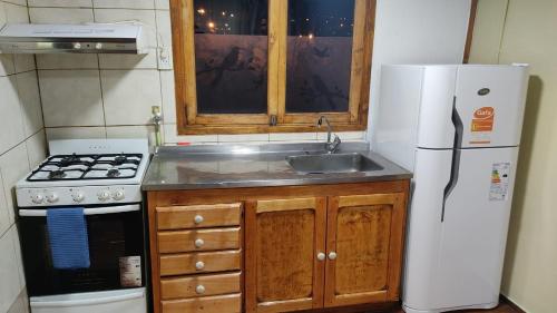 a small kitchen with a sink and a refrigerator at Cabaña del Antiguo Poblador in Ushuaia