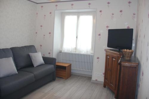 ein Wohnzimmer mit einem Sofa und einem Flachbild-TV in der Unterkunft Chez Gilles et Christine in Mieussy