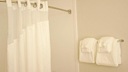 a bathroom with a shower curtain and two towels at Holiday Inn Express Winfield - Teays Valley by IHG in Hurricane