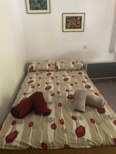 a bed in a bedroom with red flowers on it at The square in Maries