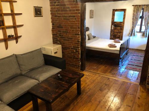 a living room with a couch and a bed at Old Court in Curtea de Argeş