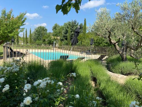 a pool in a garden with a fence and flowers at Domaine du Mas Foucray in Les Baux-de-Provence