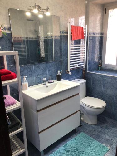 a bathroom with a sink and a toilet and a mirror at CASA LUPITA in Cudillero