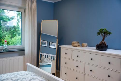 1 dormitorio con paredes azules, vestidor y espejo en Moderne Wohnung im Grünen mit privatem Garten, en Donaueschingen