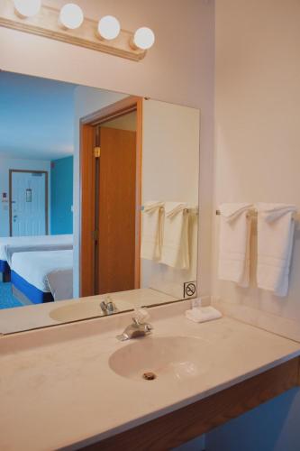 a bathroom with a sink and a large mirror at Innlet Motel in Sturgeon Bay