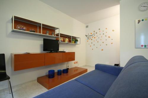 ein Wohnzimmer mit einem blauen Sofa und einem Fernseher in der Unterkunft Salvia e Timo Holiday Apartments in Borso del Grappa