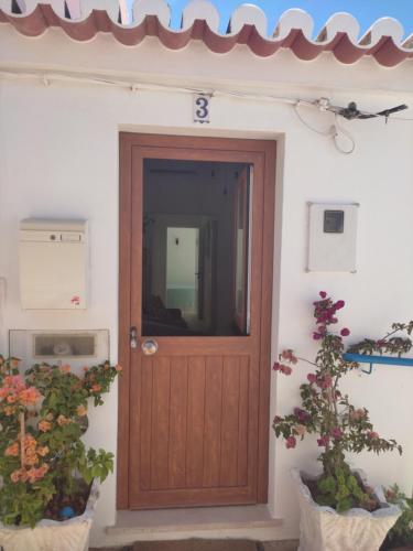 a wooden door on a building with two potted plants at Ferragood House - Historic Center in Ferragudo