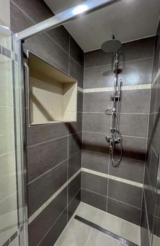 a shower with a glass door in a bathroom at Resort LUFT Sněžník in Sněžnik