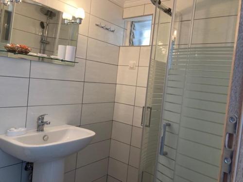 a bathroom with a sink and a glass shower at Dimitra's Family Apartments 3 in Paradisos