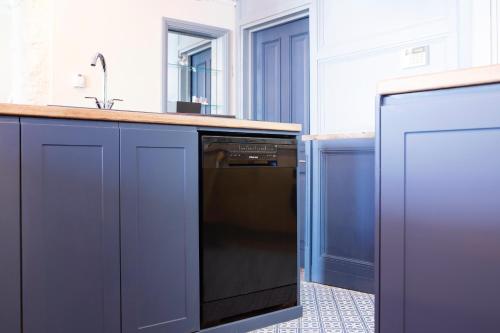 a kitchen with blue cabinets and a black dishwasher at Cosy Open Plan Harbourside Inn with SuperKing Beds, Wood Burning Stove and Bar in Torquay