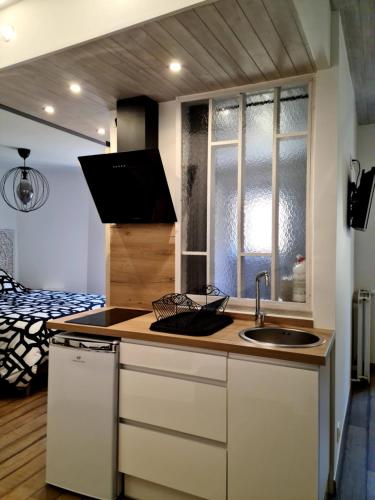 une petite cuisine avec un évier et un lit dans l'établissement Gîte climatisé 