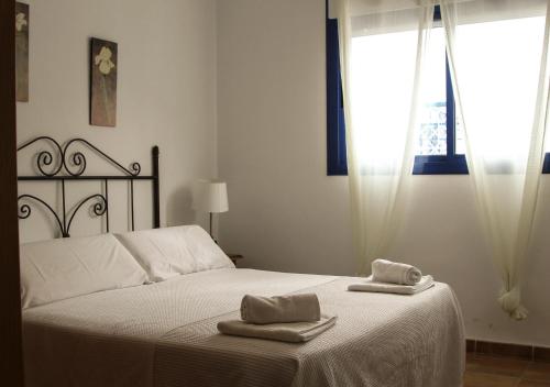 サン・ホセにあるApartamento Manbea, calle El Agua n 40のベッドルーム1室(ベッド1台、タオル2枚付)