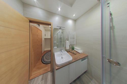 a bathroom with a sink and a shower at Arena BIG Luxury Apartments in Novi Sad