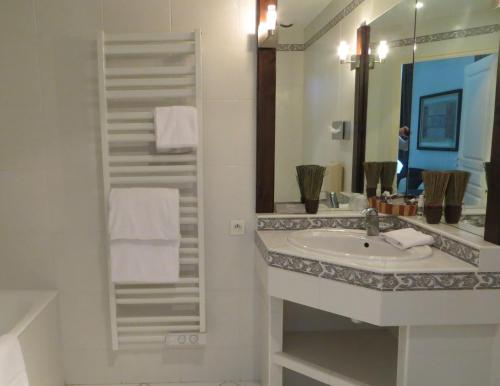 a bathroom with a sink and a mirror at Hôtel-Restaurant Ricordeau in Loué