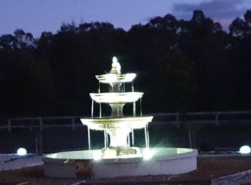 a large fountain with a bird on top at night at Alma Retreat, King bed, Family, Pet Friendly in Alma
