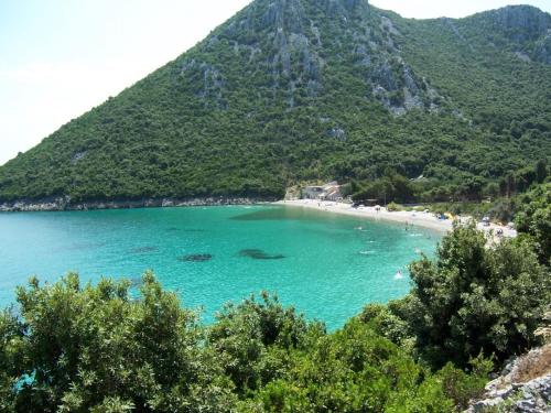 a view of a beach with a mountain in the background at Apartments Ivana - free parking and 100m from the beach in Trpanj