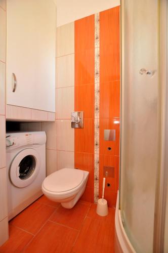 a bathroom with a toilet and a washing machine at Vila Ana Mirela in Slatine