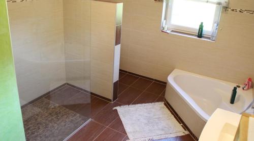 a bathroom with a shower and a bath tub at Villa Relax am See in Bodensdorf