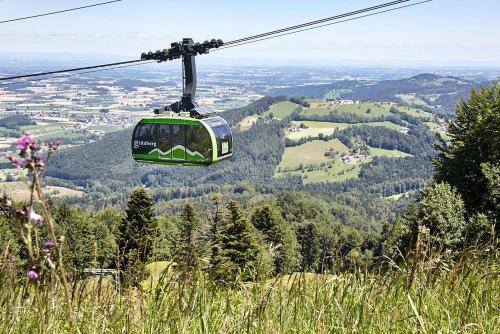 a cable car is flying over a valley at Keramikhaus Gmunden in Gmunden