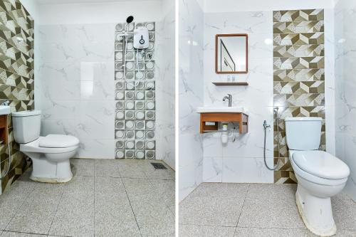 duas imagens de uma casa de banho com WC e lavatório em Super OYO 90509 Usima Forest Resort em Ayer Keroh