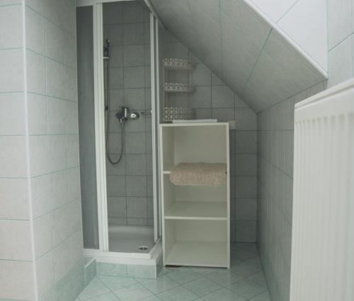 a bathroom with a shower with a white cabinet at Apartment Amak with free onsite parking in Bovec