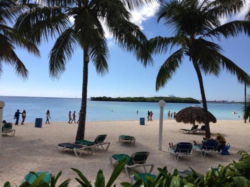 people on a beach with palm trees and the ocean at Escape Apartments, Balcony, Pool, Gym & Spa in La Julia in Santo Domingo