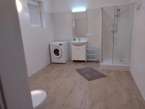 a bathroom with a shower and a washing machine at Appartement in Nitra under the Zobor-Hill in Nitra