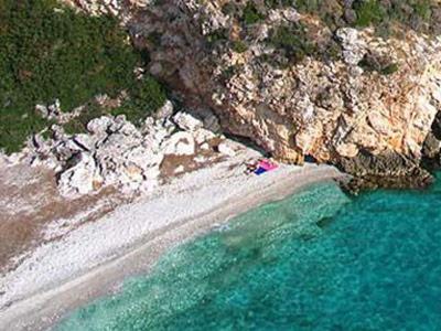 an aerial view of a beach with rocks and water at Villa Brio in Skala Kefalonias