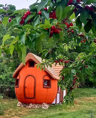 an orange house sitting in the grass under a tree at Krka Magic Pumpkin in Rupe