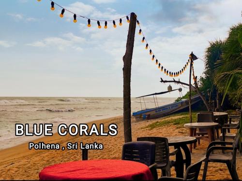 a beach with some tables and chairs and the ocean at Blue Corals Beach Bungalow in Madihe East