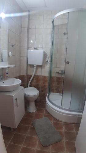 a bathroom with a shower and a toilet and a sink at Apartment V in Ohrid