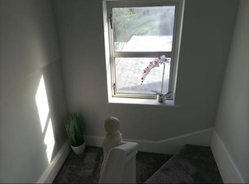 Dieses weiße Zimmer verfügt über ein Fenster und einen weißen Stuhl. in der Unterkunft Recently Renovated House in Heart of Galway City in Galway