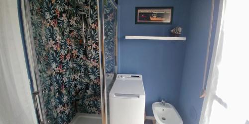 bagno blu con servizi igienici e doccia di SUITE PANORAMA a Brescia