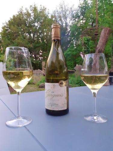 - une bouteille de vin blanc et deux verres sur une table dans l'établissement Maison de charme à Mouzillon - Jardin et terrasse accueillante, à Mouzillon