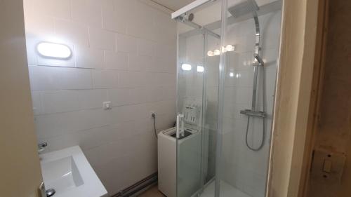une salle de bain avec une douche, des toilettes et un lavabo dans l'établissement Appartement avec vaste terrasse à 30 m des dunes, au Cap d'Agde