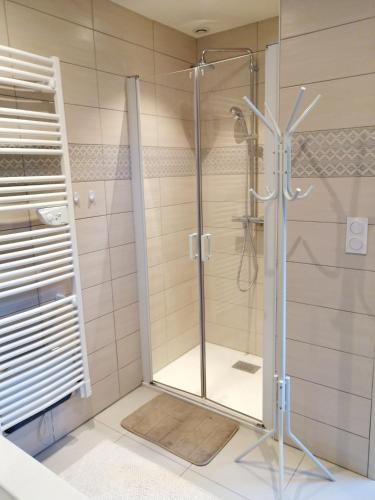 une douche avec une porte vitrée dans une salle de bain dans l'établissement Maison charmante à Sisteron avec terrasse et jardin, à Sisteron