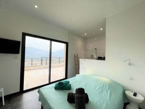 a bedroom with a bed with a view of the ocean at Villa Cupabia vue mer in Viggianello