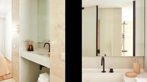 two pictures of a bathroom with a sink and a mirror at 60 Balconies Iconic in Madrid