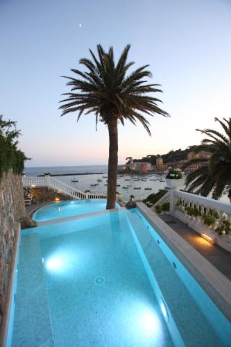 a swimming pool with a palm tree and the ocean at Hotel Helvetia in Sestri Levante