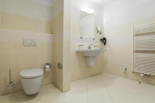 a bathroom with a toilet and a sink at Hotel Mlynska in Uherské Hradiště