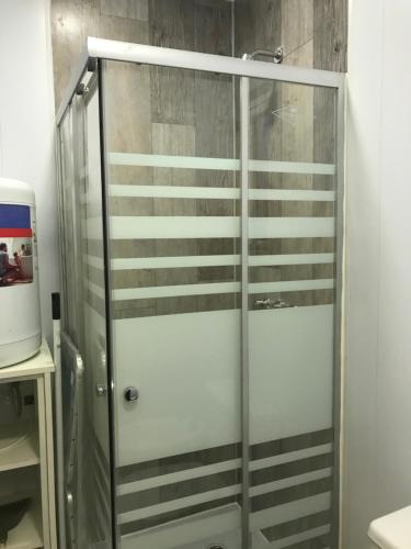 eine Dusche mit Glastür im Badezimmer in der Unterkunft Los Amancay del Otto ventana in San Carlos de Bariloche