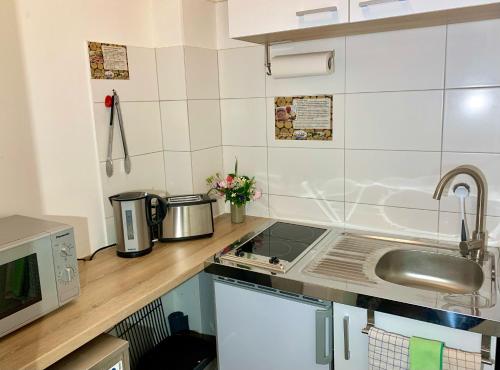 a small kitchen with a sink and a microwave at Hotel Holsteinische Schweiz am Dieksee in Malente