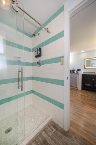 a bathroom with a shower with green and white tiles at Silver Ridge Lodge in Salida